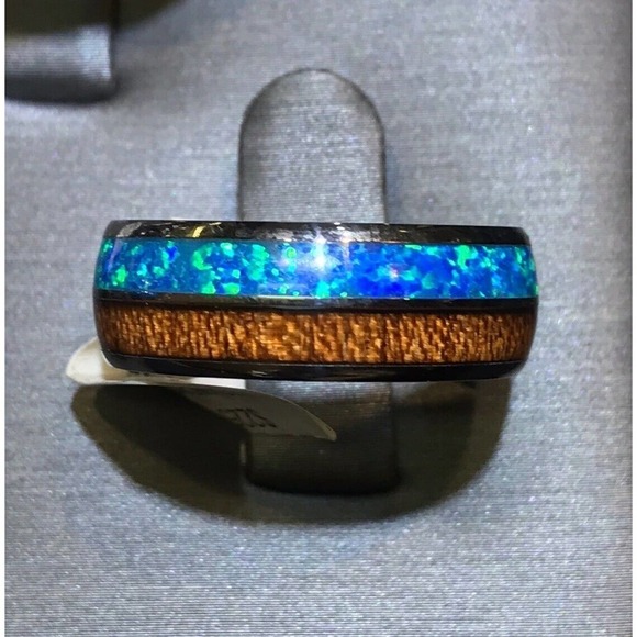 Mens Tungsten Ring Sz10.5 Black/Lab Opal & Wood Strips Unique Look New W Tags - Picture 2 of 3